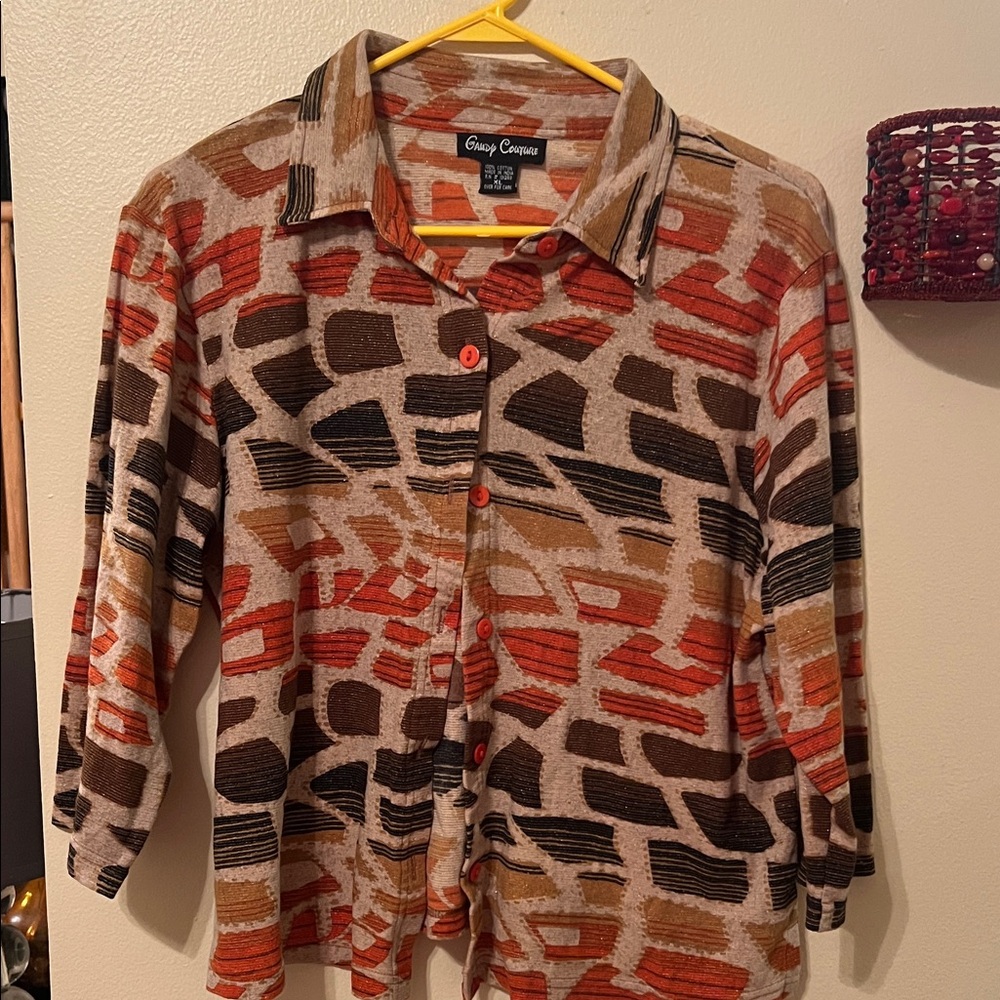 Women's Abstract Button Down Shirt - Brown, Black, Orange3/4 sleeve